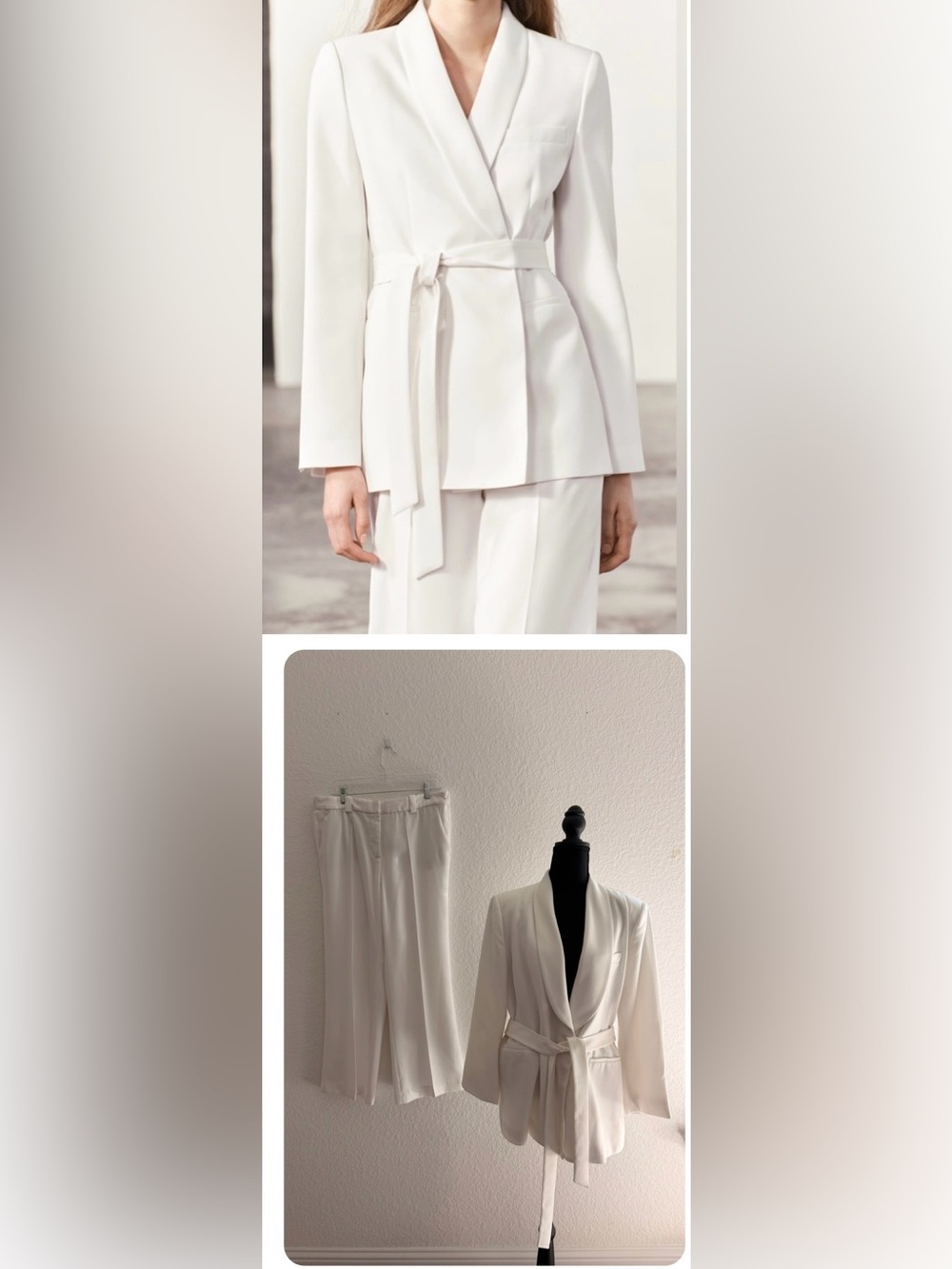 Zara White Tailored Coord Set | Belted Tuxedo Blazer XL & High Waist Trousers L